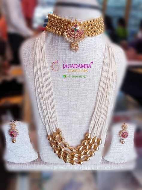 Dolki Beads Jewellery, Pearl Jewelry Necklace Indian Antique, Dolki Beads Necklace, Dholki Beads, Simple Beaded Necklaces, Temple Jewelry Necklace, Choker Designs, Gold Mangalsutra Designs, Beautiful Gold Necklaces