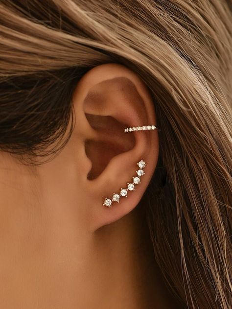 Three Ear Piercings, Rhinestone Ear Cuff, Gold Ear Climbers, Cuff Jewelry, Golden Earrings, Great Gifts For Women, Climber Earrings, Dope Jewelry, Wedding Party Jewelry