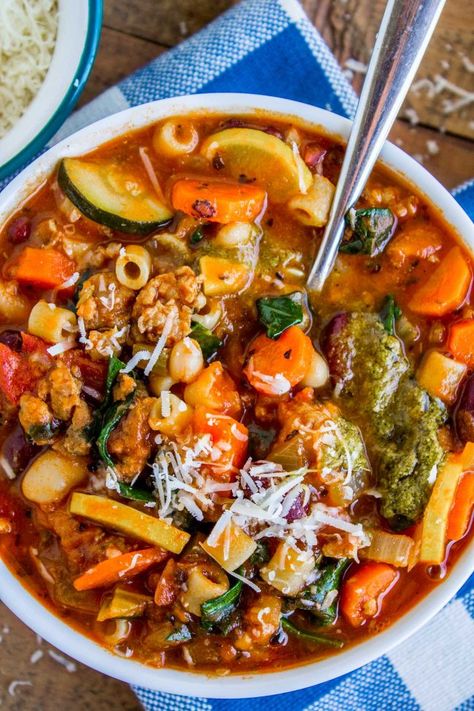 Slow Cooker Minestrone Soup with Italian Sausage and Pesto Minestrone Sausage Soup, High Protein Minestrone Soup, Italian Sausage Minestrone Soup, Ministroni Soup Recipe Crockpot, Beef Minestrone Soup Crockpot, Warm Meals For Cold Days, Minestrone Soup With Sausage, Minestrone Soup Slow Cooker, Winter Minestrone Soup