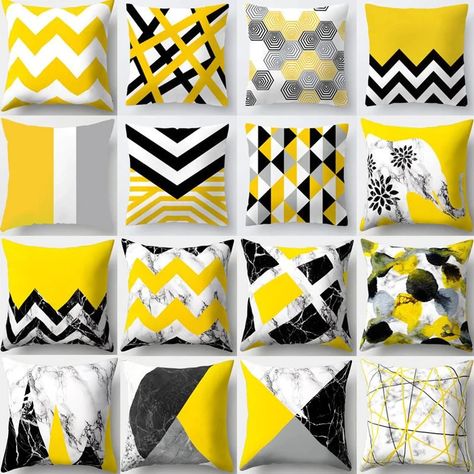 Yellow Decor Living Room, Yellow Cushion Covers, Cheap Cushion Covers, Diy Pillow Covers, Yellow Cushions, Geometric Cushions, Sofa Cushion Cover, Bantal Sofa, Yellow Decor