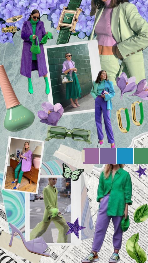 Green and purple outfit inspiration #outfitinspiration #outfitinspo #fashioninspo #fashionmoodboard #aesthetic #greenaesthetic #green #lilac #colorpalette Purple And Blue Outfit Combination, Lavender Green Outfit, Green And Lavender Outfit, Lavender And Green Aesthetic, Lilac Pants Outfit Color Combos, Mint And Purple Outfit, Lilac And Green Outfit, Green Purple Aesthetic Outfit, Purple And Green Aesthetic Outfit