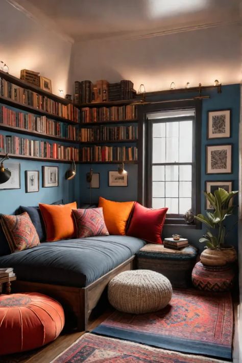 Eclectic mix of books and artifacts in a cozy space Cosy Reading Room Ideas, Loft Ideas Upstairs Cozy, Small Den Ideas, Lounge Nook, Home Decor For Small Spaces, Cozy Reading Room, Small Home Library, Lotus House, Library Rooms