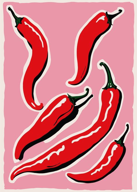 Food Illustration Poster, Images Pop Art, Vibrant Kitchen, Classic Posters, Retro Revival, Retro Posters, Red Chili Peppers, Food Painting, Bold Art