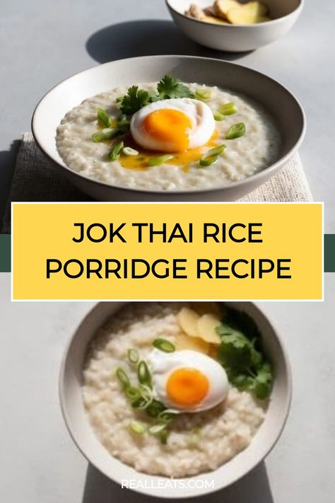 Thai rice porridge garnished with a soft-boiled egg and herbs. Rice Porridge Breakfast, Congee Recipe Breakfast, Rice Porridge Recipe, Congee Recipe, Porridge Breakfast, Pork Floss, Egg Rice, Japanese Breakfast, Thai Rice