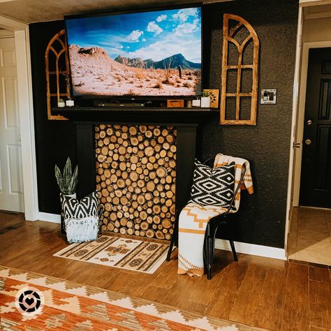 Western Accent Wall, Faux Mantle, Black Accent Wall, Western Living Room, Rust And Black, Black And White Aztec, Cowboy Chic, Black Accent Walls, Western Vibes