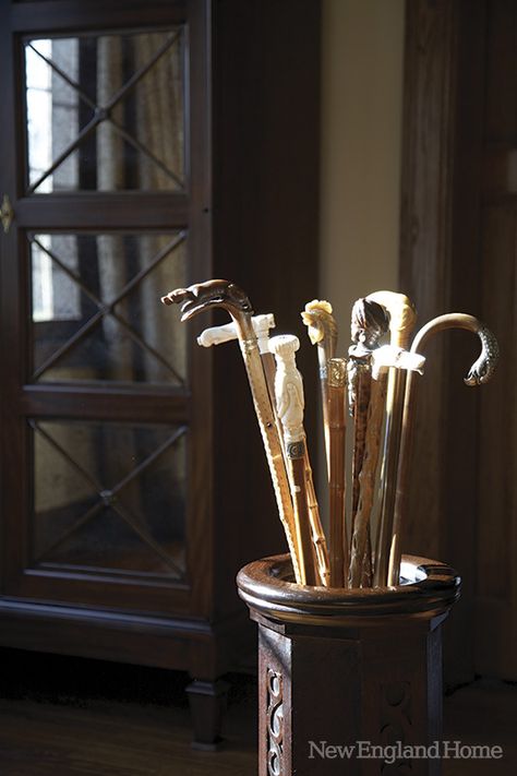 An antique umbrella stand holds old canes designer George Snead found in a Paris shop. Gentlemans Lounge, Charles Faudree, Old Style House, Men Attire, Masculine Decor, Members Club, Gentlemen's Club, Canes And Walking Sticks, Gentlemens Club