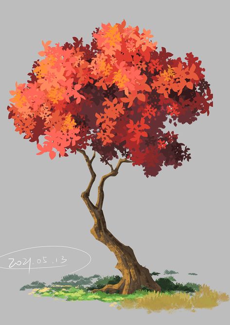 Tree Reference Drawing, Trees Concept Art, Gouache Tree, Autumn Tree Drawing, Tree Concept Art, Tree Drawing Tutorial, Digital Art Tree, Tree Illustration Art, Autumn Trees Painting