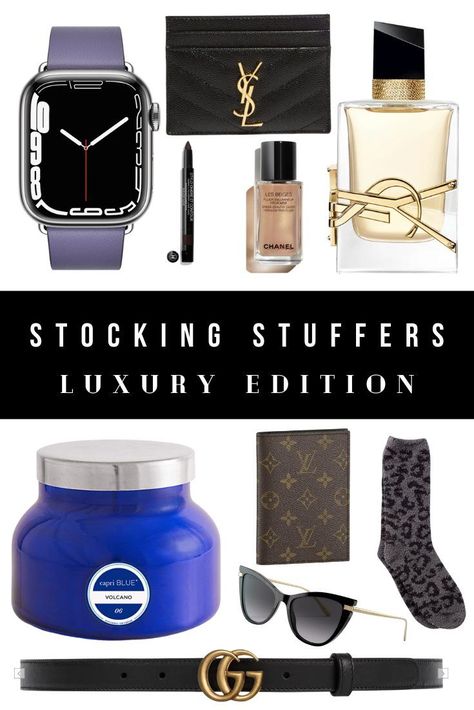 These are the best cheap designer stocking stuffers ideas and boujee luxury stocking stuffer gifts for your mom, sister, and friends. Designer Stockings, Stocking Stuffers Ideas, Neverfull Louis Vuitton, Capri Blue Candle, Saint Laurent Libre, Barefoot Dreams Blanket, Yurman Bracelet, Ysl Wallet, Birthday Surprises