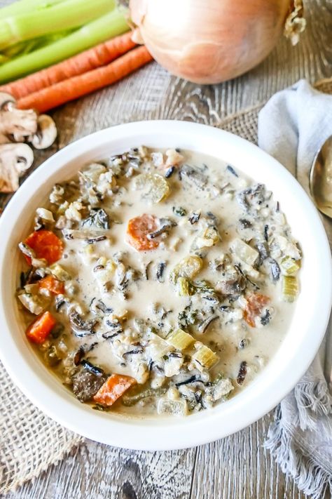 Wild Rice Mushroom Soup • Faithful Plateful Faithful Plateful, Wild Rice Mushroom Soup, Rice Mushroom Soup, Wild Rice Mushroom, Creamy Soups, Clafoutis Recipes, Snacks Under 100 Calories, Favorite Soups, Healthy Sweet Snacks