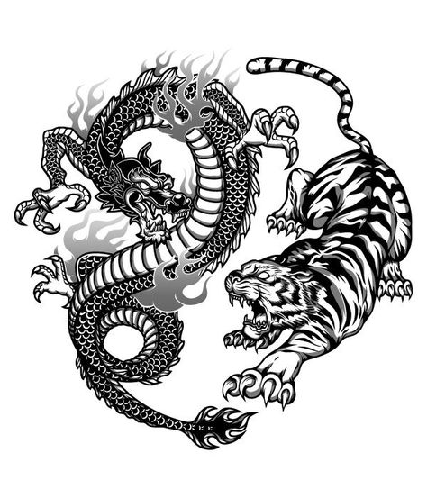 Tiger And Dragon Tattoo, Dragon Tiger Tattoo, Tigre Y Dragon, Dragon Tattoo Images, Tato Mandala, Tiger And Dragon, Tato Tradisional, Japanese Tiger Tattoo, Dragons Tattoo