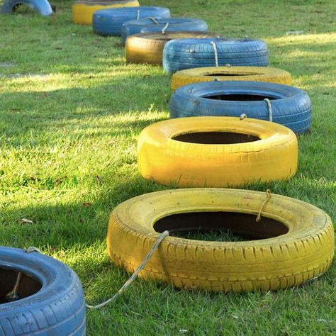 Tire Obstacle Course, Tire Playground Ideas, Tyre Ideas For Kids, Old Tires Ideas For Kids, Tire Diy, Tire Kids Play Playground Ideas, Tractor Tyre Ideas Kids Outdoor Play, Upcycle Tires, Tire Chair