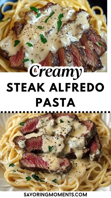 Bring the restaurant experience home with this ultra-creamy Steak Alfredo Pasta. Perfectly cooked steak and a rich Parmesan Alfredo sauce come together to create a memorable dish in under 30 minutes! Need dinner ideas? Save this recipe now #RestaurantStyle #SteakAlfredo #CreamyPastaDish #DinnerIdeas #AlfredoPasta #SteakRecipes #EasyMeals #FoodieFavorites #ItalianDinner #WeeknightDinner #PastaRecipes #CreamySauce Fettuccini With Steak, Steak Alfredo Recipe, Pasta Recipes Steak, Steak And Alfredo Pasta, Steak Fettuccine Alfredo, Steak Alfredo Pasta Recipes, Creamy Steak Fettuccine, Steak Pasta Recipes, Creamy Steak Pasta