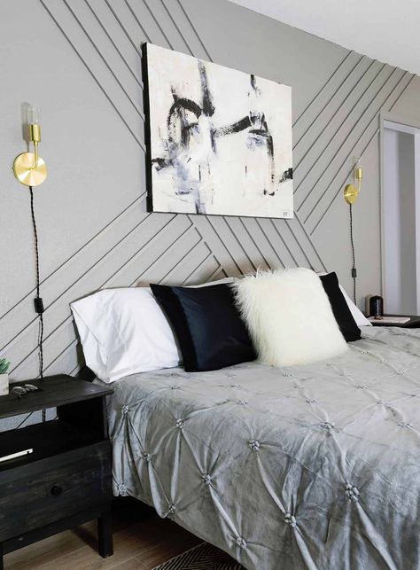 Gray Accent Wall Bedroom, Trim Accent Wall, Wood Accent Wall Bedroom, Wall Bedroom Diy, Wall Behind Bed, Grey Accent Wall, Accent Wall Designs, Diy Trim, Diy Accent Wall