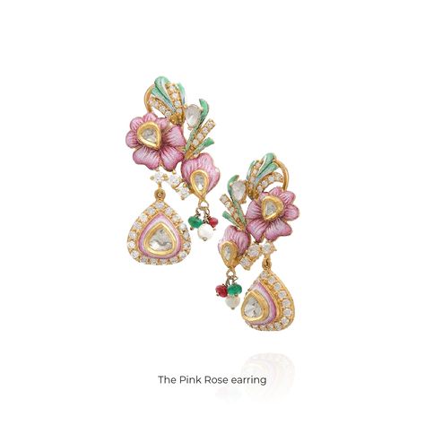 Celebrating elegance and tradition, these earrings draw inspiration from the Indian Rose. Featuring delicate pink and green meenakari, uncut diamonds, and faceted emerald and tourmaline beads, they exude a playful charm. Adorned with uncut diamond polki set in 22k gold, they are crafted for both comfort and timeless beauty. #pallavifoley #indianrose #unique #dreamy #earrings #timeless #TimelessFashion Polki Meenakari Jewellery, Dreamy Earrings, Rose Earring, Jewel Drawing, Indian Rose, Gold Inspiration, Traditional Indian Jewellery, Polki Earrings, Gold Mangalsutra Designs