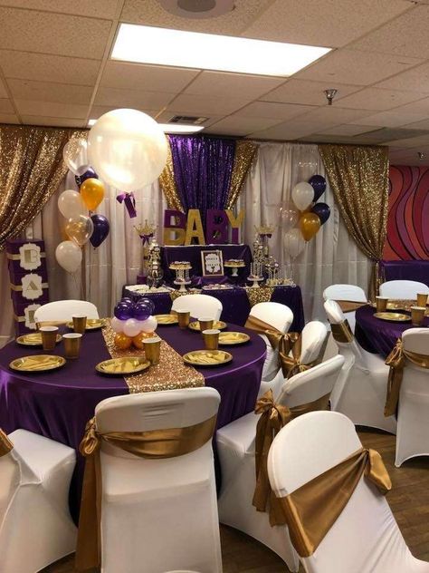 Purple And Gold 50 Birthday Party, Purple White And Gold Decorations, Gold Silver Purple Party, Gold Purple And White Party Ideas, Purple And Gold 60th Birthday Party, Black Purple Gold Party Table Settings, Purple Gold Decorations Party Ideas, Purple Gold And White Table Decorations, Purple Gold Centerpieces