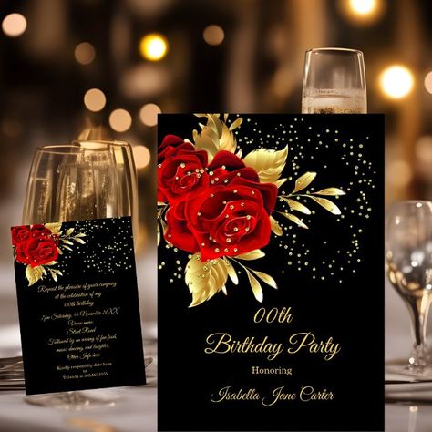 Create your own Invitation | Zazzle Red And Black Table Decorations, Birthday Party Flowers, Red Party Themes, Black And Gold Party Decorations, Red Party Decorations, 80th Birthday Decorations, Red Birthday Party, 25 Birthday, White Birthday Cakes