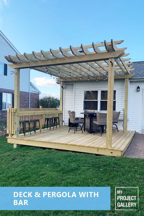 The deck is 14 by 14-1/2 feet and is covered by a 10-foot-high pergola. At the high end of the deck is a bar-height counter, which provides extra seating and doubles as a railing. We spent a significant amount of time on our brick paver patio during the summer of 2020. Wooden Deck With Pergola, Pergola With Bar, Drink Rail, Backyard Plans, Deck Pergola, Wooden Arbor, Brick Paver Patio, Diy Gazebo, Dreamy Garden