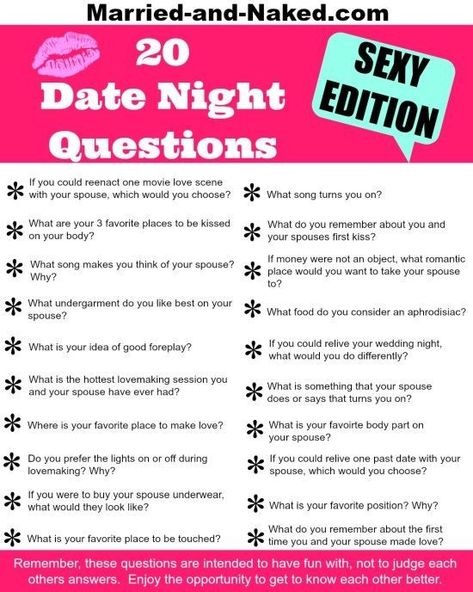 20 Sexy Date Night Questions For Married Couples.  Fun free Printable that will heat up your next date night.  From the marriage blog, Married and Naked. For more marriage tips, date night ideas and marriage quotes visit http://married-and-naked.com Questions For Married Couples, Date Night Questions, Cute Date Ideas, 20 Questions, Couple Games, Dating Pictures, Date Nights, Dating Again, Dating After Divorce