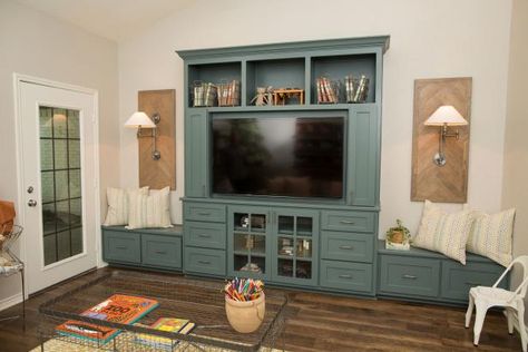 As seen on HGTV's Fixer Upper, this bonus room features a built-in entertainment center. Home Office For Two, Fixer Upper Designs, Entertainment Center Ideas, Bonus Room Design, Office For Two, Hgtv Fixer Upper, Built In Entertainment Center, Entertainment Center Makeover, Center Ideas