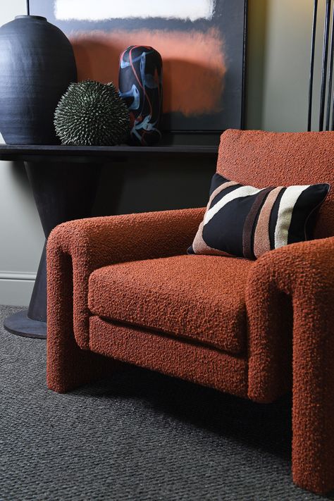 Rust Velvet Sofa Living Room Ideas, Burnt Orange Chairs Living Rooms, Burnt Orange Accent Chair, Rust Accent Chair, Orange Chairs Living Room, Rust Chair, Modern Bedroom Chairs, Terracotta Living Room, Burgundy Sofas