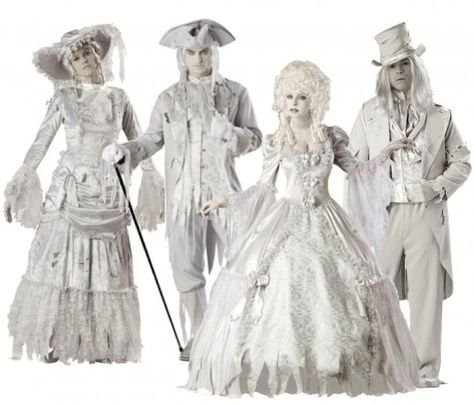 Victorian Ghost Costumes - a great example of how details make the costume… Victorian Ghost Costume, Addams Family Costume, Karneval Diy, Graveyard Book, Victorian Ghost, Halloween Costumes And Makeup, Addams Family Musical, The Graveyard Book, Ghost Halloween Costume