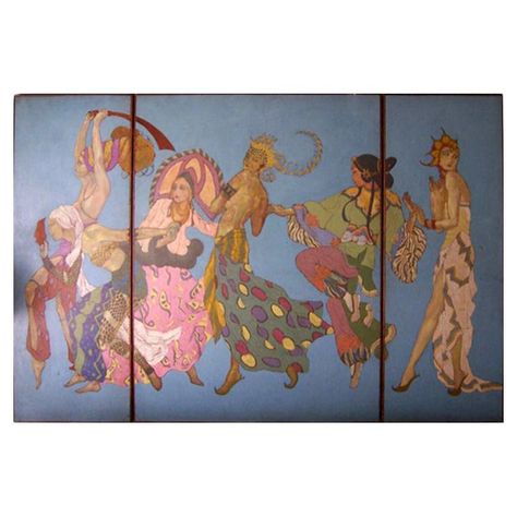 Incredible Oversized Art Deco Triptych Panel "ballet Russe" Triptic Painting, Folding Screens, Triptych Art, Novo Nordisk, Ballet Russe, Dress And Shoes, Dining Room Colors, Oversized Art, Folding Screen