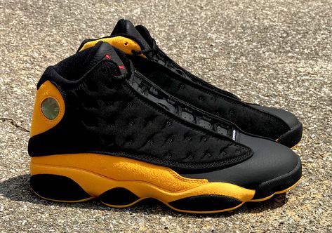 Yellow Jordans, Jordan Retro 13 Black, Air Jordan Retro 13, Retro 13, Jordan 13 Shoes, Jordan Shoes Girls, Black Jordans, Carmelo Anthony, Sneakers Jordans