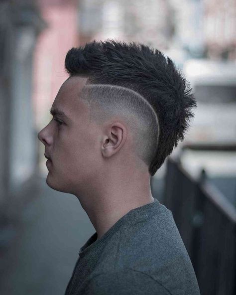 Mohawk Fade With Design, Mens Burst Fade Mohawk, Mens Hairstyles Faux Hawk Fade, Skin Fade Mohawk Shaved Sides, Thick Mohawk Men, European Mohawk Haircut, Men With Mohawks, Kids Mowhawk Hairstyles, Hawkeye Mohawk Haircut