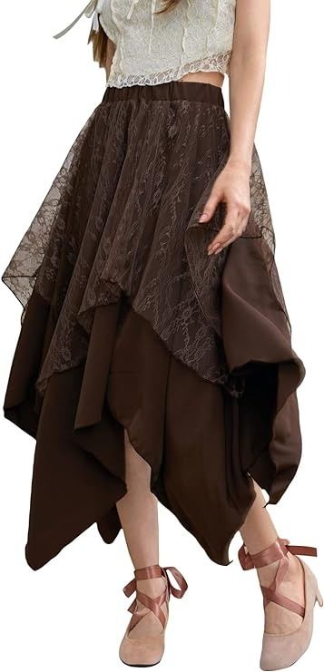 Amazon.com: Verdusa Women's Lace Overlay Elastic Waist Asymmetrical High Low A Line Long Skirt Coffee Brown L : Clothing, Shoes & Jewelry Rag Skirt, Cottagecore Skirt, Fair Outfits, Fairy Skirt, Rock Outfit, Brown Skirts, Hem Skirt, Asymmetrical Skirt, Fall Skirts