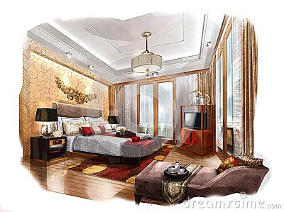 Sketch perspective interior Bedroom into a watercolor on paper. Sketch Perspective, Hotel Room Interior, Bedroom Illustration, Bedroom Drawing, Drawing Interior, Interior Design Sketches, Interior Sketch, Bedroom Views, Interior Bedroom