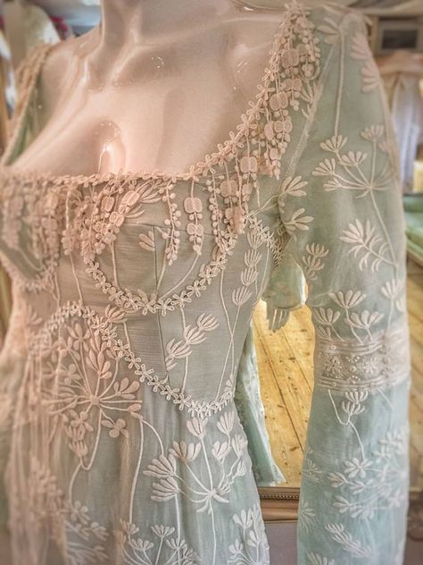 Green Silk Wedding Dress, Green Long Dress, Joanne Fleming, Green Silk Dress, Queen Anne's Lace, Silk Wedding Dress, Embroidered Sleeves, Pre Raphaelite, Fairytale Dress