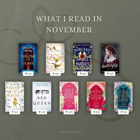 What I Read in November 📚🍂 November was a whirlwind of magic, romance, and adventure! Here’s a quick look at what I read and my thoughts: ✨ Throne of Glass 🎧: ⭐⭐⭐⭐ ✨ Glow 📖: ⭐⭐½ ✨ Sorcery and Small Magics 📖: ⭐⭐⭐⭐½ ✨ Ash and the Butterfly 📖: ⭐⭐½ ✨ Blood of Hercules 🎧: ⭐⭐⭐⭐⭐ ✨ Red Queen 📖: ⭐⭐⭐⭐ ✨ Once Upon a Broken Heart 📖: ⭐⭐¾ ✨ The Ballad of Never After 📖: ⭐⭐⭐⭐⭐ ✨ A Curse for True Love 📖: ⭐⭐⭐⭐½ What were your favorite reads this month? Let’s chat in the comments! 💬👇 * * * * * #... A Curse For True Love, Curse For True Love, Once Upon A Broken, Victoria Aveyard, Red Queen, Throne Of Glass, My Thoughts, In November, Hercules