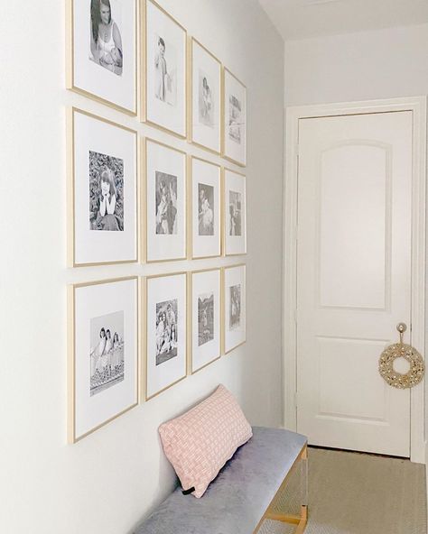 Shannon Gold | Decor Tips on Instagram: “Don’t you just love gallery walls? What better way to display your cherished family memories than with a stylish gallery wall. So far I…” Large Wall Picture Collage, 8x10 Photo Wall Display Ideas, Hallway Frames, Family Photo Gallery, Gold Frame Gallery Wall, Family Photo Gallery Wall, Gold Gallery Wall, Photo Gallery Wall, Hallway Gallery Wall