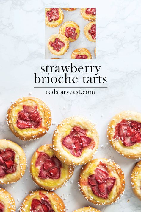 These light-as-air brioche tarts have the perfect pillowy bed for a bright Lemon Pastry Cream and fresh strawberries. Strawberry Brioche, Lemon Pastry Cream, Lemon Pastry, Red Star Yeast, Pastry Cream Recipe, Dry Measuring Cups, Pearl Sugar, Gram Flour, Awesome Recipes