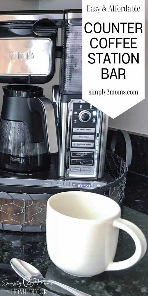 Do you hate clutter on your countertops? Let's get it organized in minutes with a super easy counter coffee station. Grab a pretty tray and organize a coffee maker along with other essentials like sugar & cream. A round tray is perfect for corners in your kitchen to save space. A simple tray turns a functional space into a decorative area of your home. Coffee Pot On Counter Ideas Kitchen, Coffee Machine On Kitchen Counter, Coffee Corner Countertop, Coffee Corner On Kitchen Counter, Keurig On Countertop, Placing A Tray Next To The Coffee Machine What To Pit On It, Coffee Tray Station Counter Space, Coffee Maker On Counter Ideas, Coffee Pot On Counter Ideas