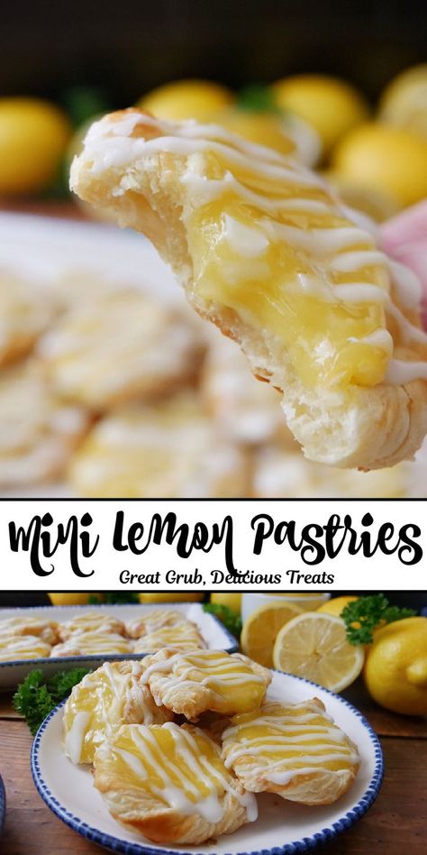 A double photo collage of mini lemon pastries on a white plate. Lemon Puff Pastry Desserts, Lemon Pastries, Braided Puff Pastry, Mini Puff Pastry, Sfogliatelle Recipe, Easy Puff Pastry Desserts, Delicious Lemon Desserts, Mini Lemon Cheesecakes, Cream Cheese Pastry