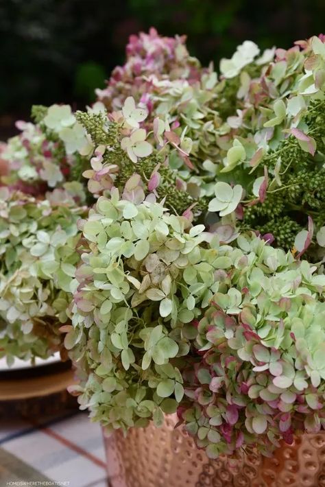 Dried Hydrangeas Centerpiece, Dry Hydrangea Arrangements, Country Flower Arrangements, Hydrangea Centerpiece Wedding, Hydrangea Vase, Fall Hydrangea, Pumpkin Vase, Fall Brunch, Limelight Hydrangea