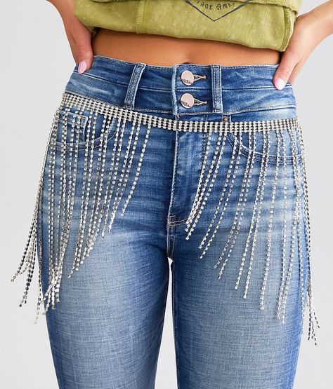 Glitz Fringe Belt - Silver S/M, Women's Silver Rhinestone adjustable chain belt. WOMEN'S BELT SIZE CONVERSION CHART Jean Size 23-24 25-26 27-28 29-30 31-32 Belt Size XS S M L XL Belt Length** 34 37 40 43 46 *Conversion sizes may vary. **Measures from end to end excluding the buckle. These are general guidelines and sizing is dependent on belt being worn at natural waistline or the hip. Apparel & Accessories Crystal Fringe Belt, Rihnestone Belt, Chain Belts For Women, Rhinestone Fringe Belt, Embellished Belts, Fringe Leather Belt, Bach Themes, Fringe Tshirt, Fringe Belt