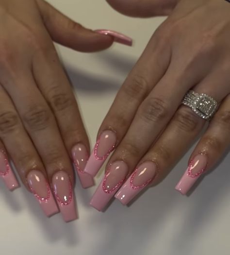 Glitter Pink Nails French Tip, Pink Nail Designs Prom, Acrylic Nail Designs Light Pink, French Tip With Pink Glitter, Pink French With Glitter, Valentine Nails French Tip, Pink French Tip With Glitter, Prom Pink Nails, Pink French Nails With Glitter