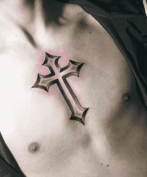 Cross Tricep Tattoo Men, Cross On Chest Tattoo Men, Cross Hand Tattoo Men, Cross Tattoos For Men On Chest, Chest Cross Tattoo For Men, Mens Sternum Tattoo, Chest Cross Tattoo, Cross Chest Tattoo Men, Cross Neck Tattoo Men