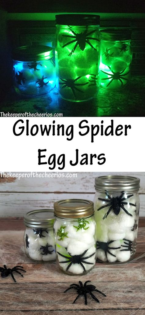 Glowing Spider Egg Jars, Glowing spider jars, Halloween jars, dollar store Halloween decoration  halloween birthday party ideas, office halloween party, halloween party signs #halloweenpartyinspiration #halloweenparty2016 #halloweenpartyshinsaibashi Spider Eggs, Halloween Garage, Party Decorations Diy, Spider Theme, Glow Jars, Dollar Store Halloween Decorations, Glow Halloween, Halloween Jars, Halloween Spider Decorations