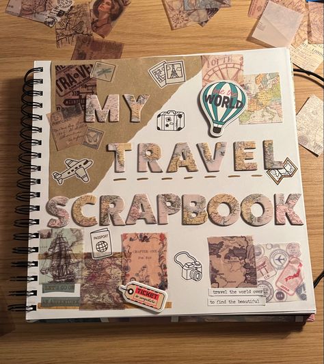 Travel Scrapbook Front Page, Travel Album Scrapbook, Travel Photo Album Diy, Travel Scrapbook Cover Ideas, Travel Journal First Page, Diary Maintaining Ideas, Scrab Book Cover Page Ideas, Travel Scrapbook Front Cover, Memories Scrapbook Cover