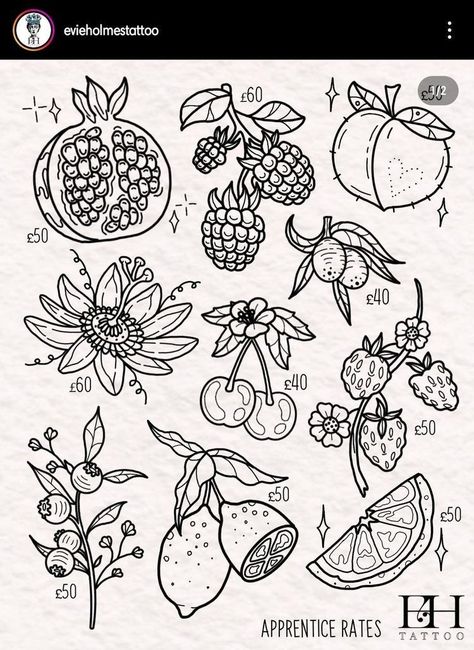 Flower Patch Work Sleeve Tattoo, Patchwork Cottagecore Tattoo, Tattoos For Apprentices, Flash Tattoo Nature, Cute Traditional Tattoo Flash, Botanical Flash Tattoo, Botanical Tattoo Flash, Fruit Flash Tattoo, Outline Sleeve Tattoo