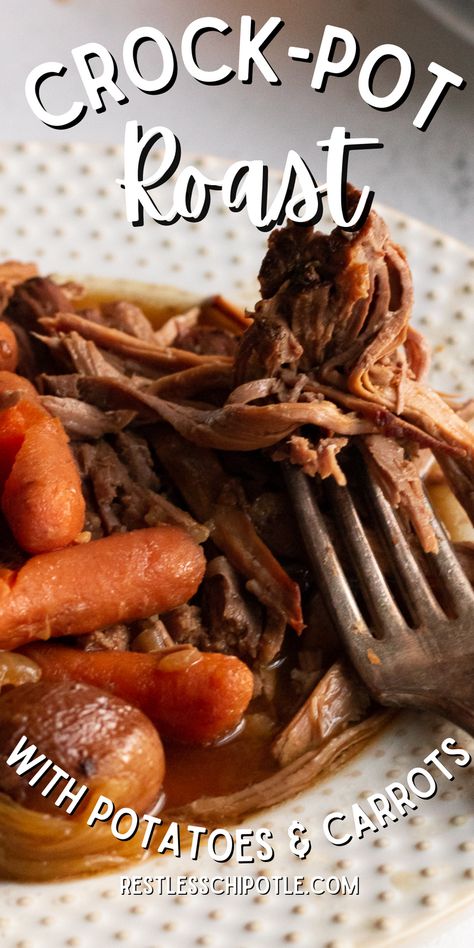 Crockpot roast with potatoes, carrots, and onions is an easy one pot meal! Simple ingredients create big flavor with this classic recipe that the pickiest eater will dive into. Pot Roast Crock Pot Recipes Easy, Chuck Roast Crock Pot Recipes, Crock Pot Chuck Roast, Delicious Pot Roast, Crockpot Foods, Beef Roast Crock Pot, Crockpot Pot Roast, Crockpot Roast Recipes, Roasted Potatoes And Carrots