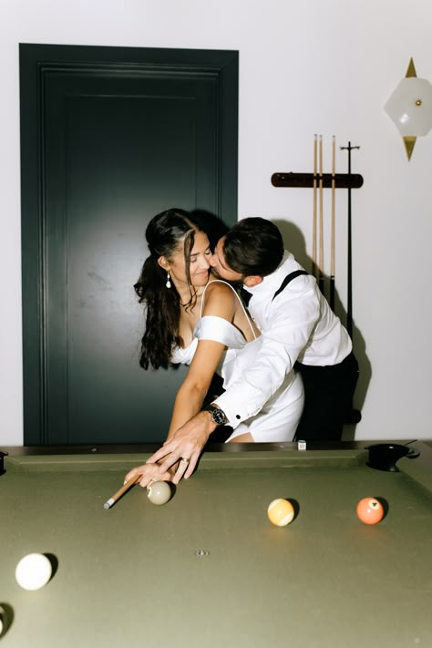 Pool Hall Engagement Photos, Pool Table Couple Photoshoot, Pool Table Wedding Photos, Engagement Photos Playing Pool, Billiards Engagement Photos, Engagement Photos Pool Table, Pre Wedding Photos Ideas, Pool Table Engagement Photos, Country Club Engagement Photos