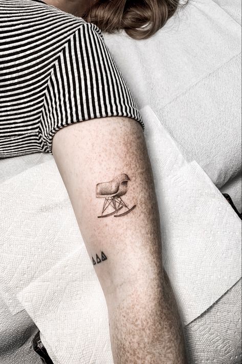 Eames rocker tattoo by Mikki Bedol at Organic Ink in Norwalk CT Fine Line Expert Eames Chair Tattoo, Chair Tattoo, Vitra Chair, New Home Wishes, Tattoo Flash Art, Flash Art, Tattoo Flash, Tattoo Inspo, Fine Line