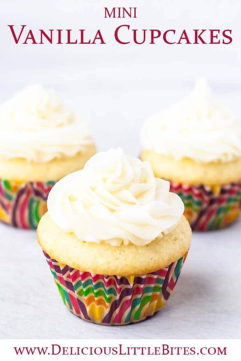 Mini Cupcake Recipe, Mini Vanilla Cupcakes, Mini Cupcake Recipes, Vegan Buttercream Frosting, Vegan Vanilla Cupcakes, Homemade Cupcake Recipes, Mini Cupcake Pan, Vegan Buttercream, Mini Dessert Recipes