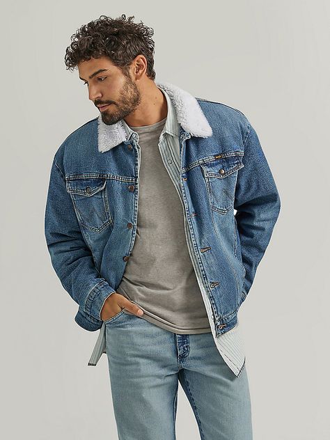 Vintage-Inspired Cowboy Cut Sherpa Lined Denim Jacket Mens Denim Jacket Outfit, Vintage Denim Jacket Outfit, Modern Cowboy Style Men, Men's Denim Jackets, Denim Jacket Sherpa, Sherpa Jean Jacket, Mens Western Style, Modern Cowboy, Western Outfits Men