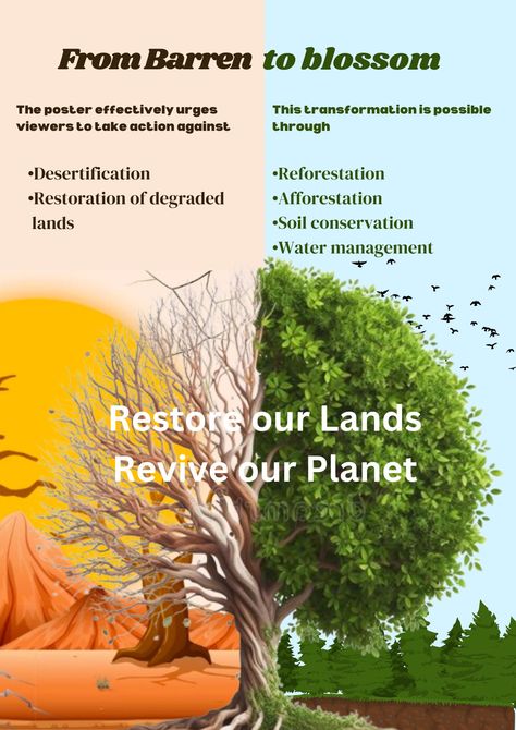 Here's a short alt text for an Environmental Day poster:

"Transforming barren landscapes into thriving ecosystems through land restoration. Join us in combating desertification and reviving our planet! #EnvironmentalDay #RestoreOurLands #ReviveOurPlanet"
#posters
#Flyers Environmental Day Poster, World Environment Day Poster, Environment Day Poster, Environmental Day, World Environment Day Posters, Gloomy Sky, Dry Landscape, Cracked Earth, Kids Church Lessons