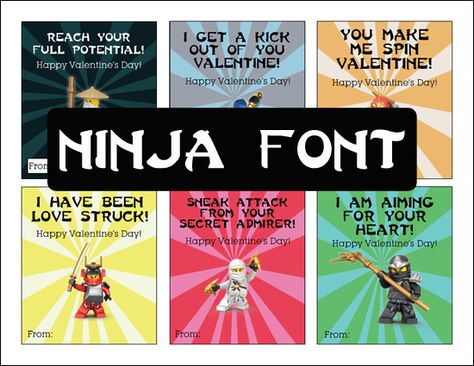 Ninjago Valentine's Free Printable | Over The Big Moon Ninjago Valentine Box Ideas, Karate Crafts, Lego Ninjago Printables Free, Tmnt Valentines Cards, Ninjago Printable, Ninja Font, Ninjago Valentines, Ninjago Thank You Tags Free Printable, Ninja Valentine